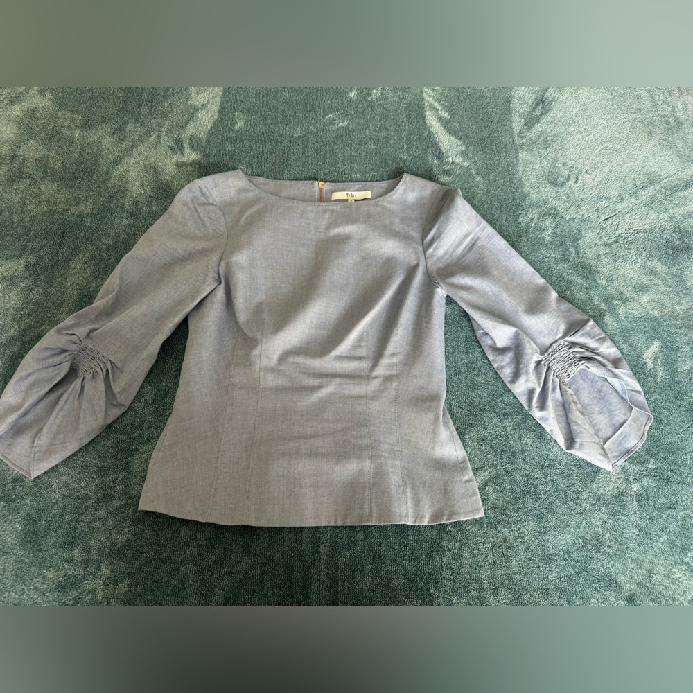 Tibi Chambray Blue Corset Ruched Sleeve Cotton Top Size 0 Zip Back